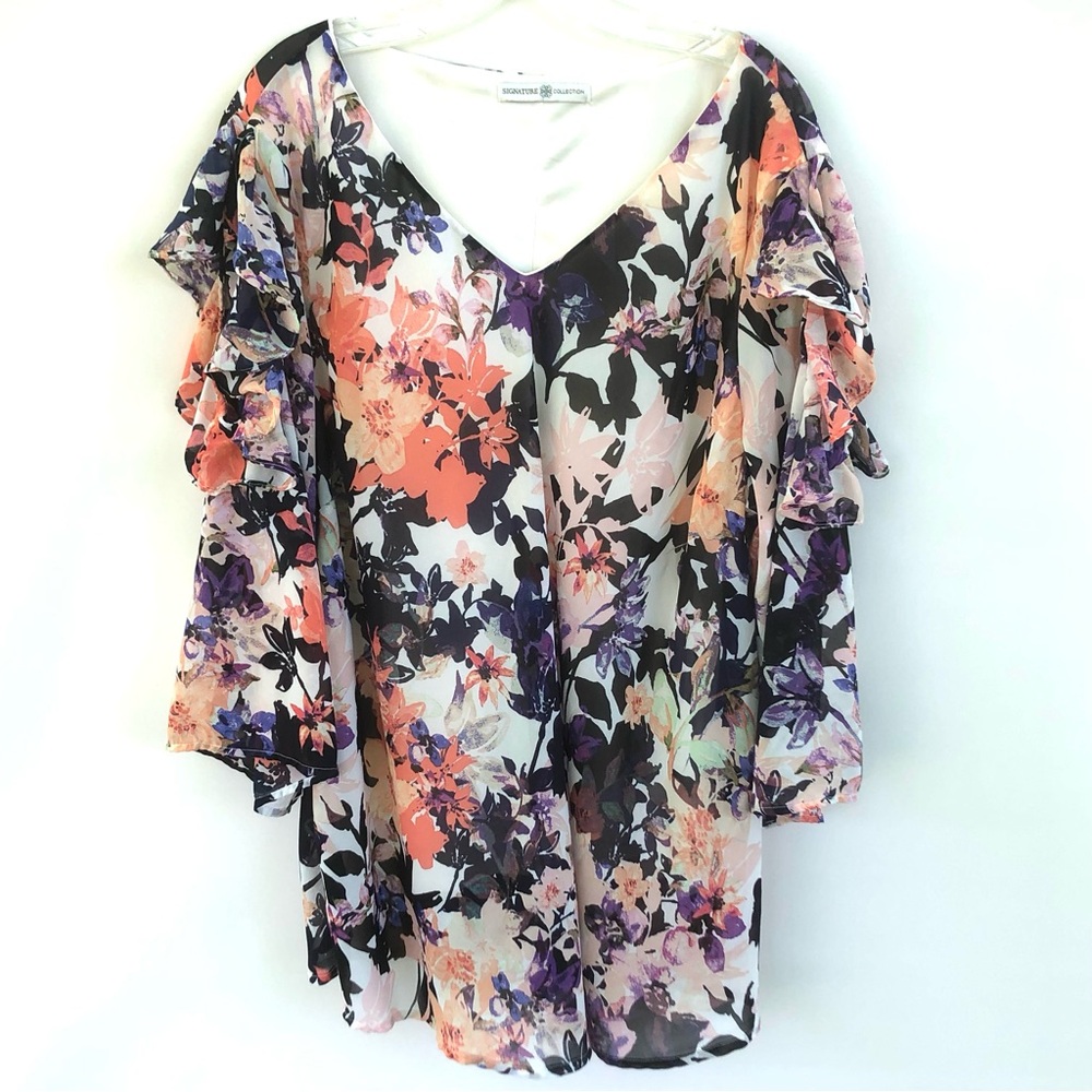 Signature Collection Ruffled Floral Cold-Shoulder Blouse Woman’s Plus Sz 2X/2T